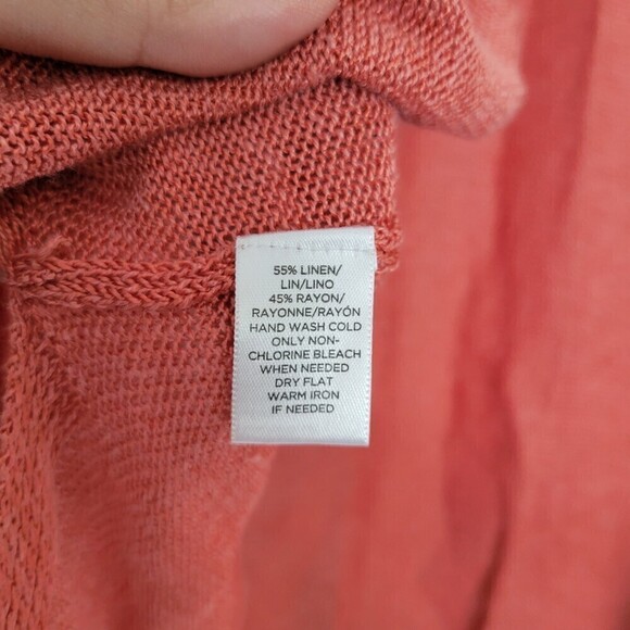 LOFT Linen Open Knit Coral Peach Open Front Long Sleeve Cardigan Sweater Large - Picture 10 of 12